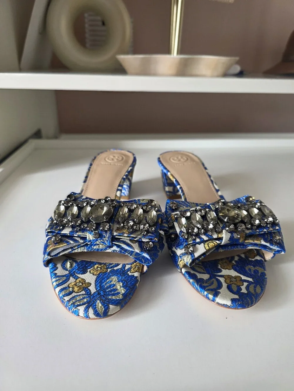 Tory Burch Valentina Bow 45mm Slide Sandal Metallic Floral Brocade NWT